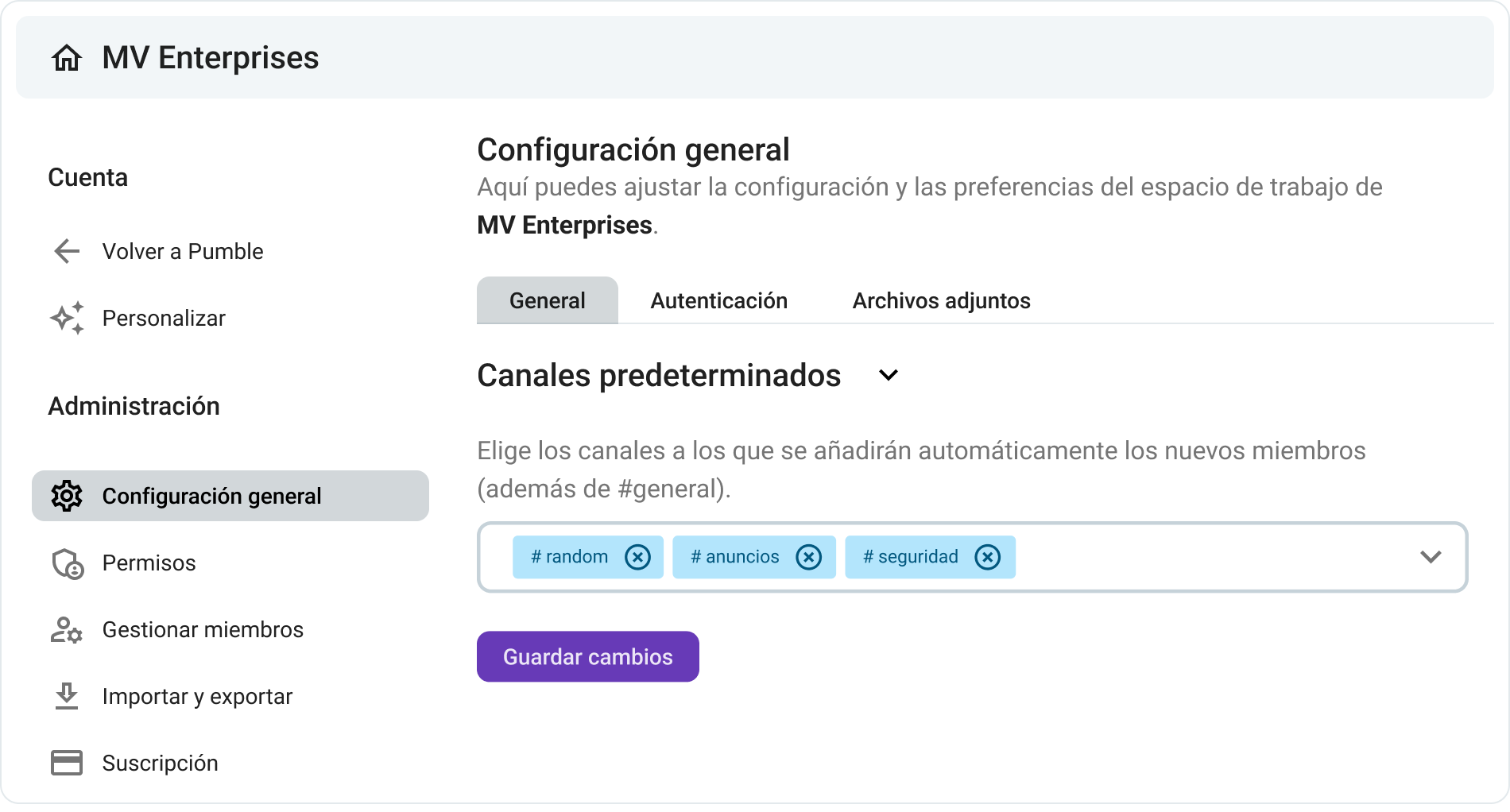 Configuración de los canales predeterminados en Pumble