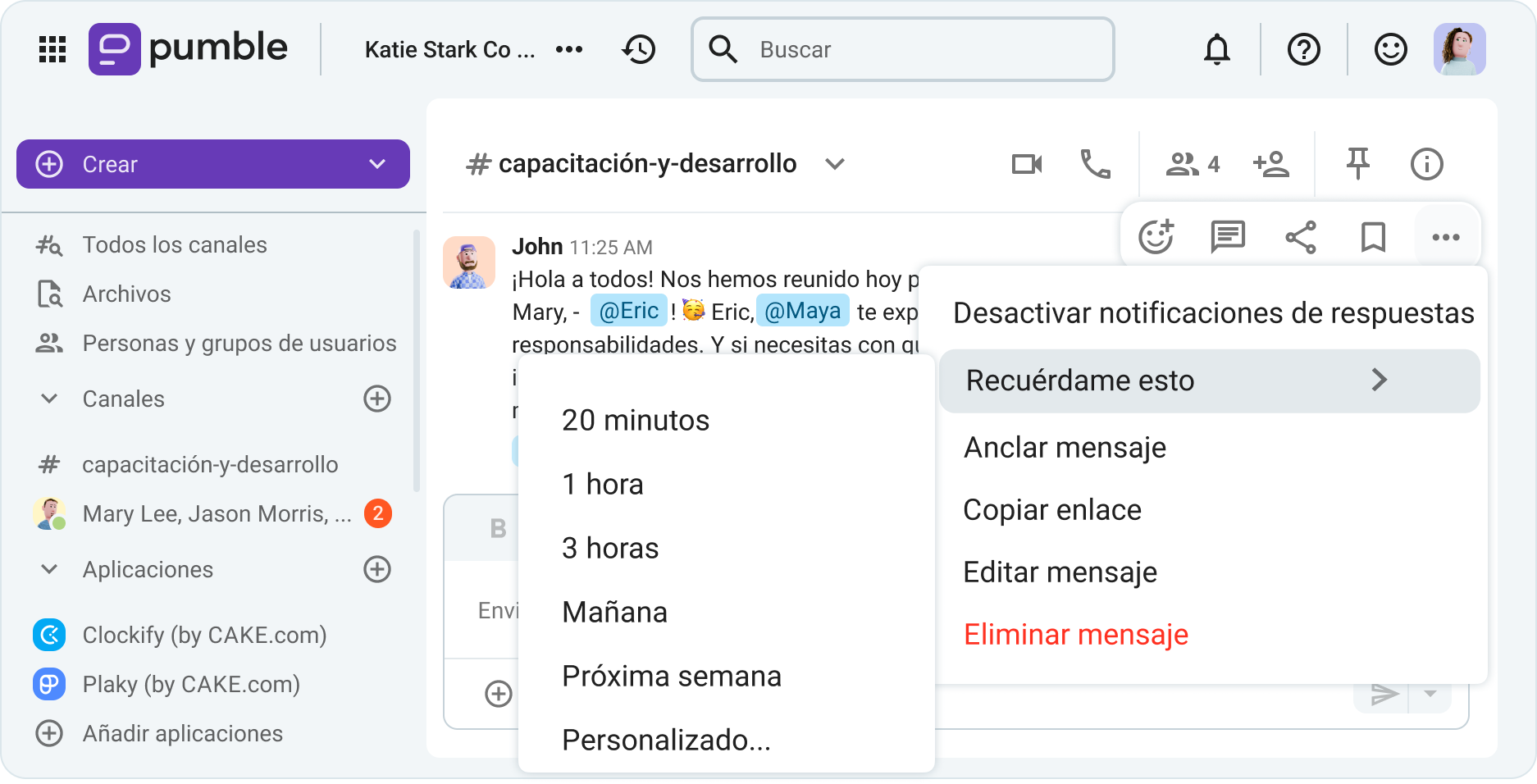 Configura un recordatorio de mensaje en Pumble, la app de comunicación en equipo