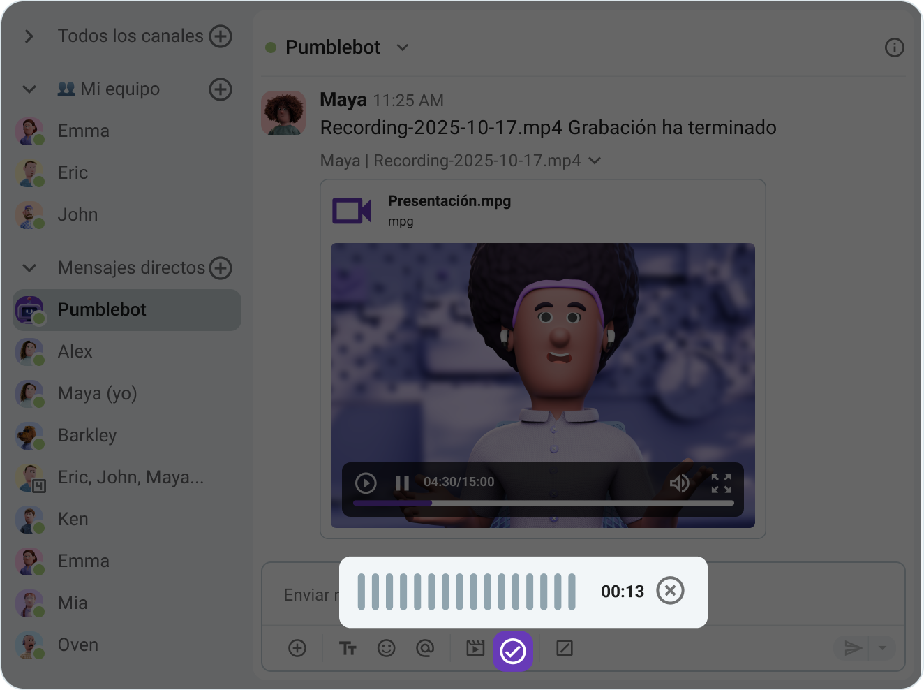 Mensajes de voz y vídeo en Pumble, la app de comunicación para equipos