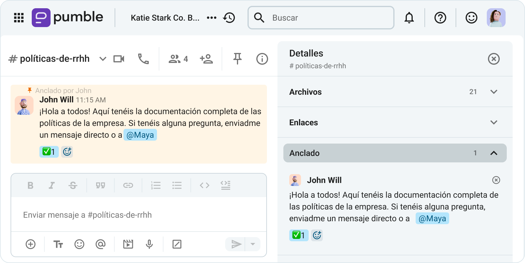 Detalles del canal #políticas-de-rrhh con archivos y mensajes anclados en Pumble, la app de comunicación para equipos