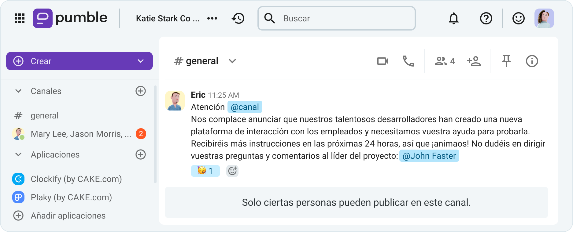 Anuncio en un canal con permisos de publicación restringidos en Pumble, la app de comunicación para equipos