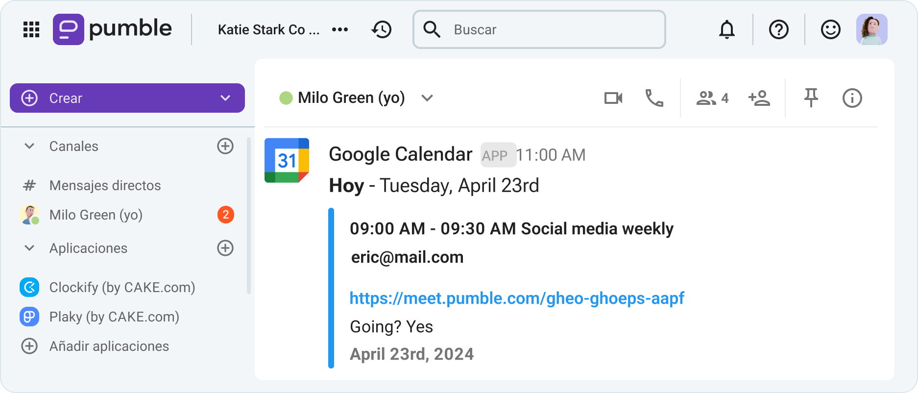 Integración de Google Calendar en Pumble, la app de colaboración empresarial