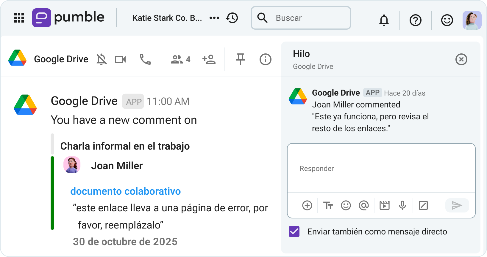 Colaboración mediante la integración de Google Drive en Pumble, la app de comunicación empresarial