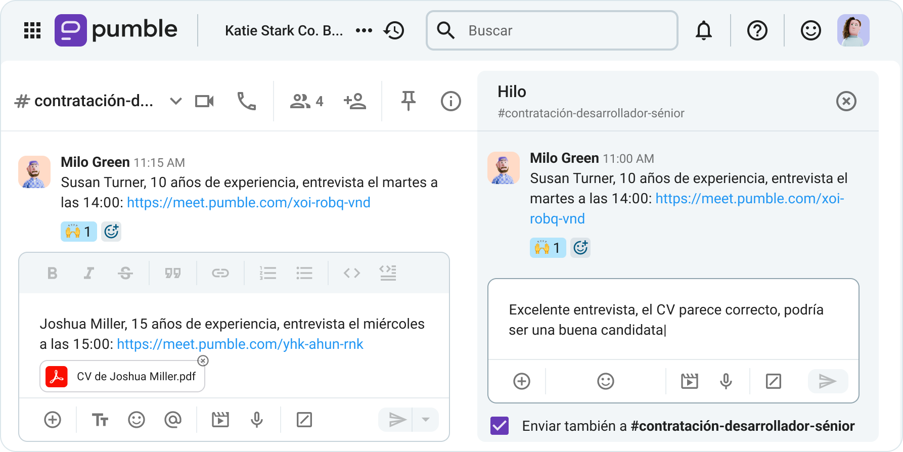 Canales, hilos, enlaces a reuniones e intercambio de archivos en Pumble, la app de comunicación empresarial