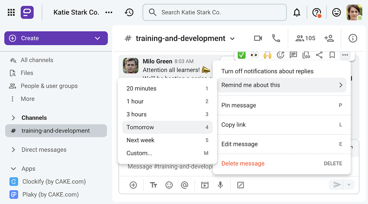 Setting a message reminder on Pumble, the team communication app