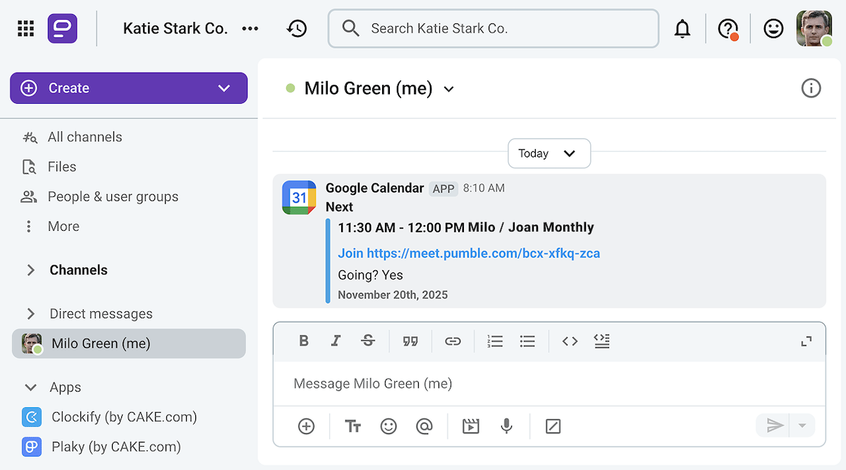 The Google Calendar integration on Pumble, the business collaboration app
