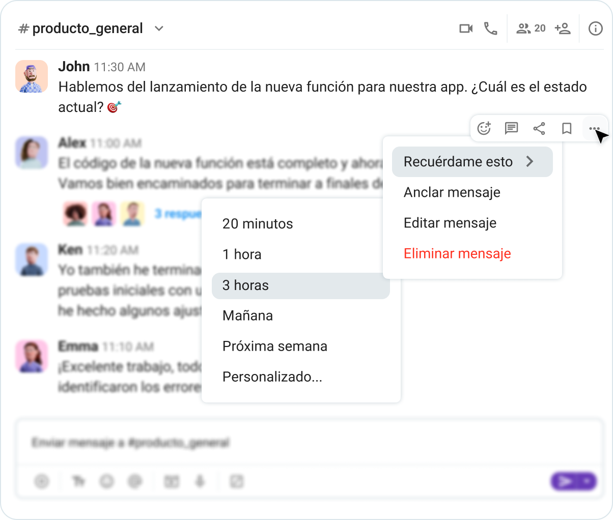 Recordatorios de mensajes en Pumble