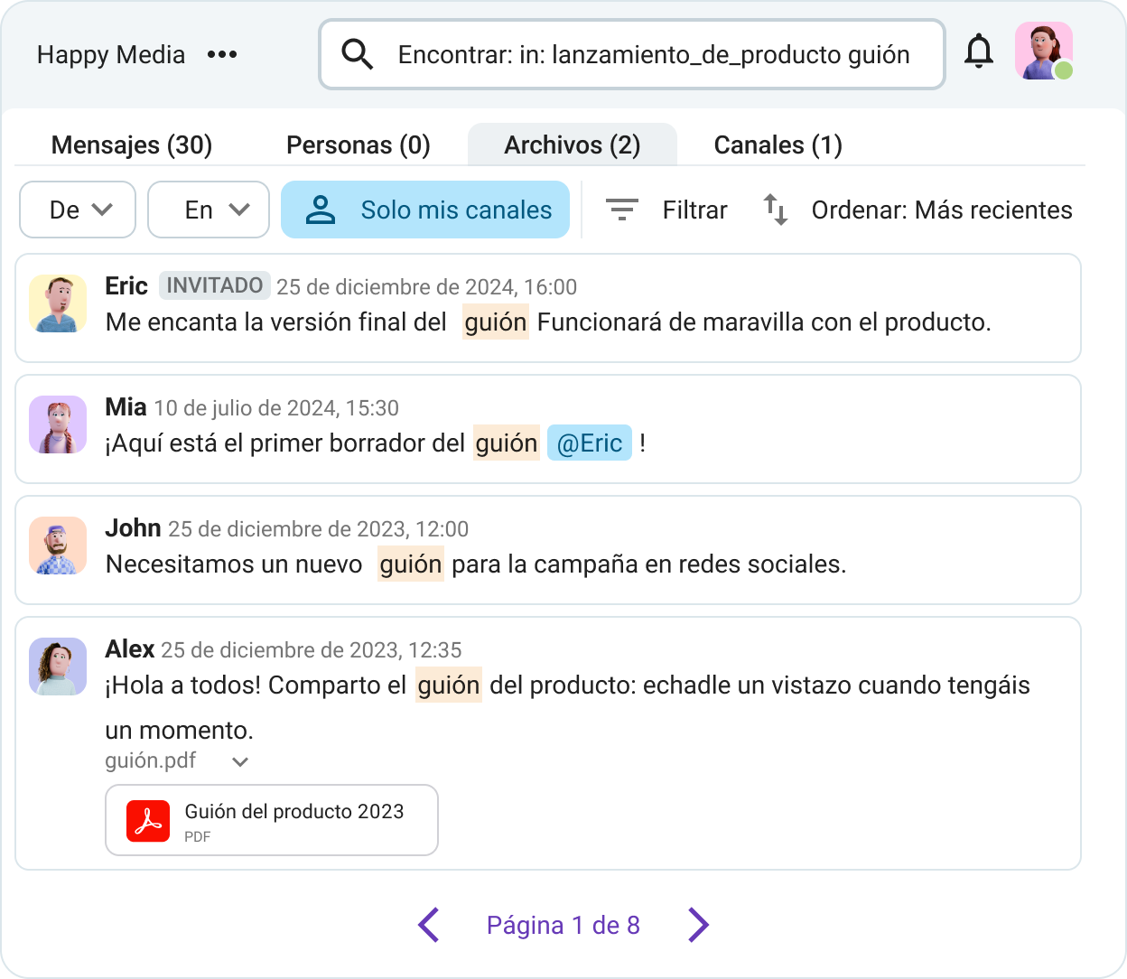 Encuentra mensajes y archivos en Pumble