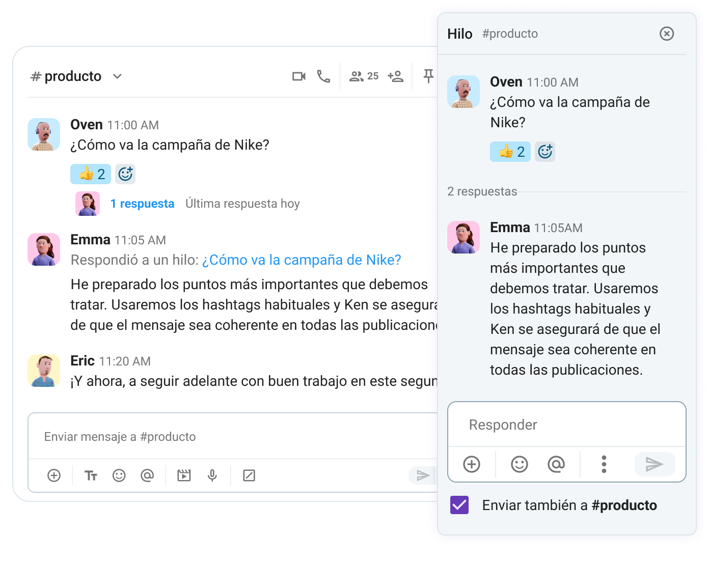 Envía mensajes a los hilos o aumenta la visibilidad usando la función "Enviar también al canal"