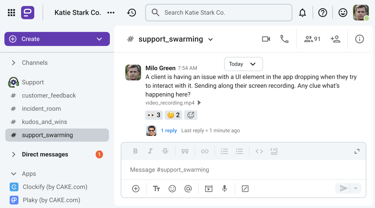 A support agent shares a video message on Pumble, a team communication app