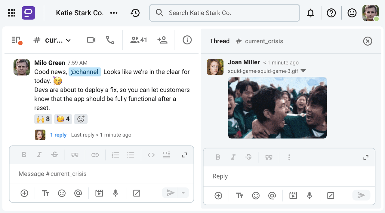 Everyone in the #current_crisis channel on Pumble gets notified that the latest incident has been resolved
