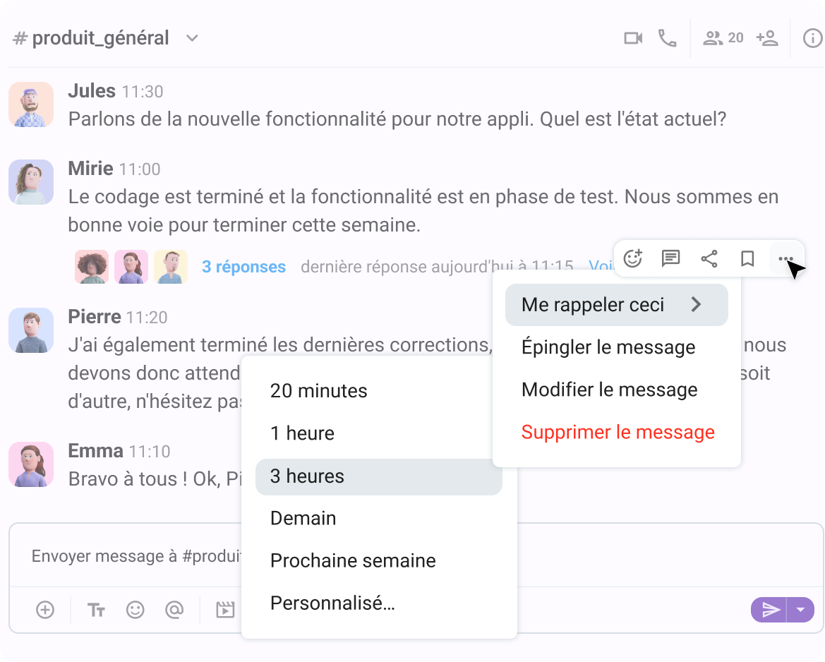 Rappels de messages dans Pumble