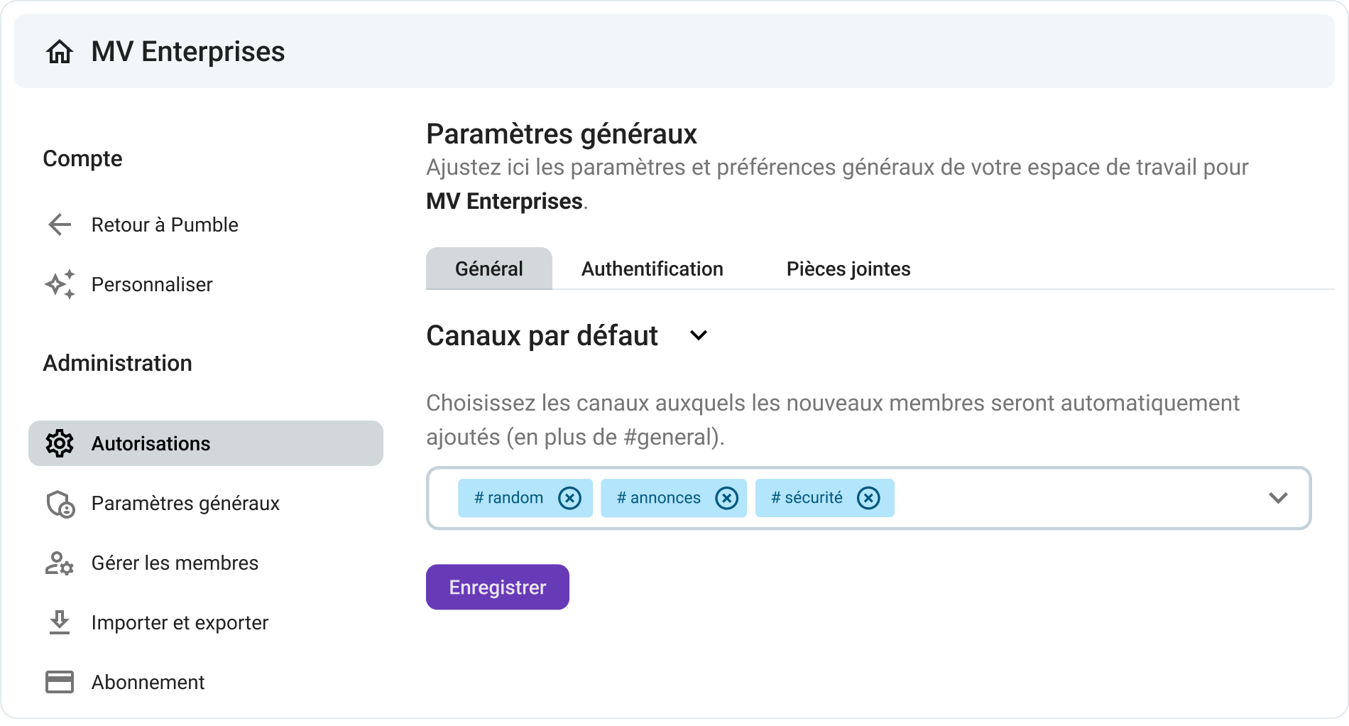 Configurer les canaux par défaut dans Pumble