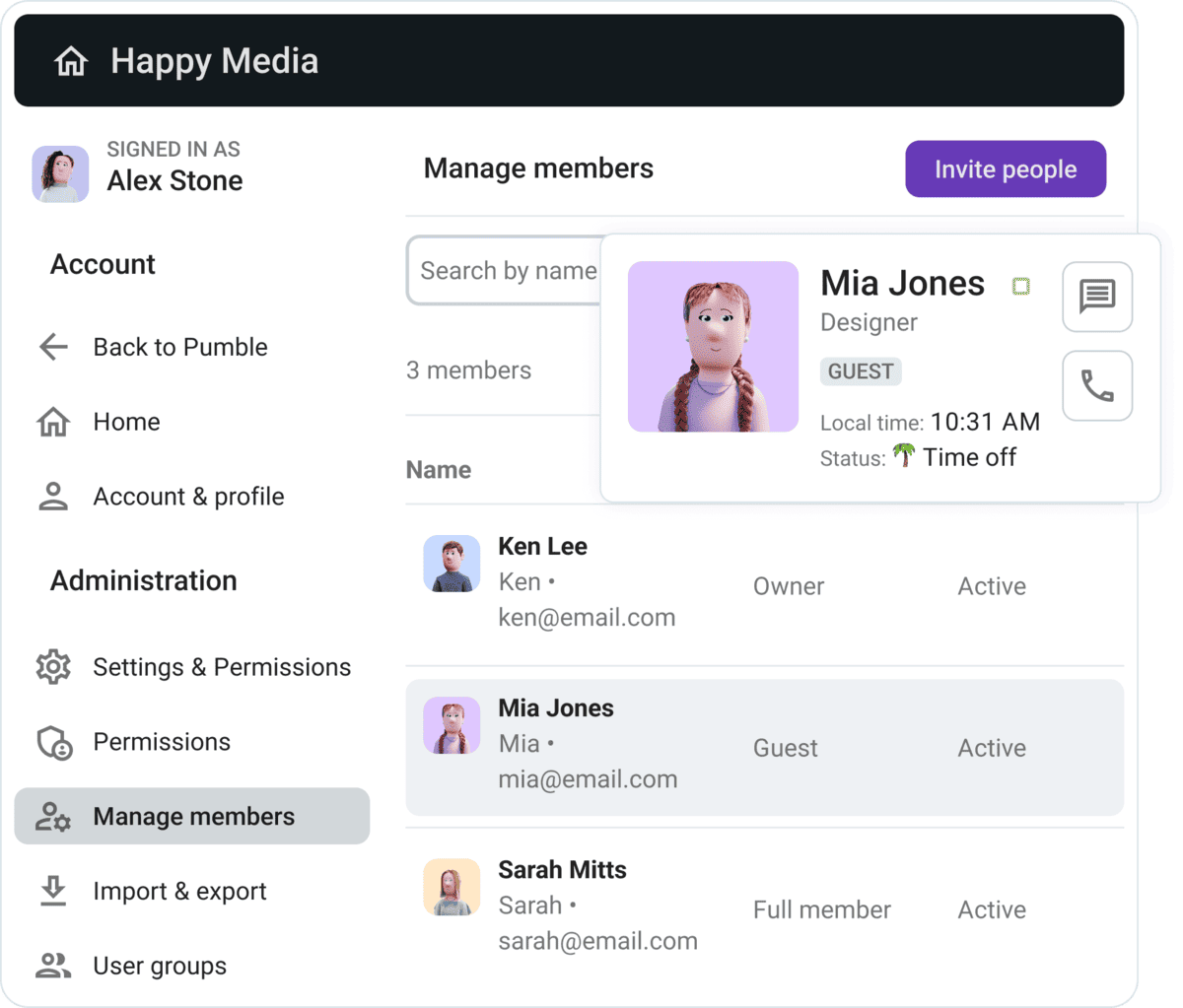 Manage team members and guests in Pumble