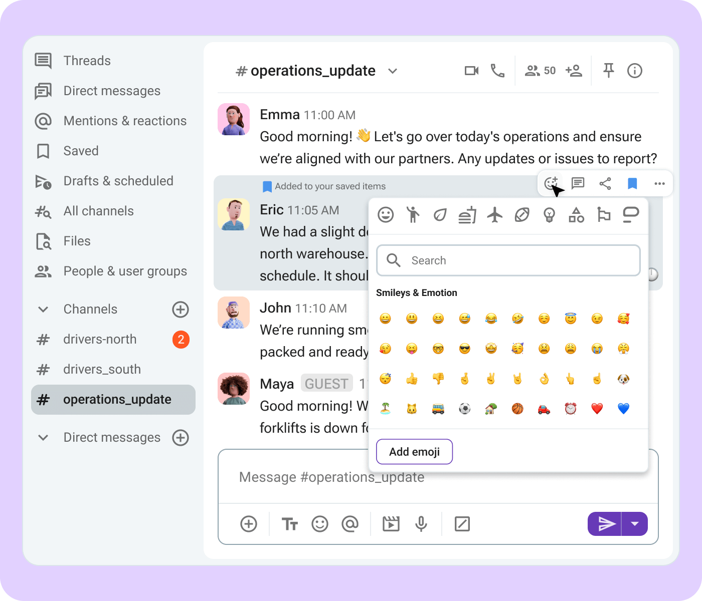 React to messages with emojis to hype up your teammates