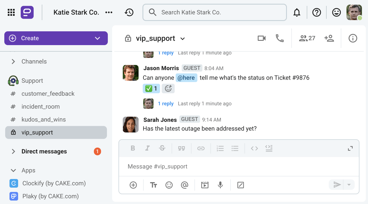 The #vip_support channel for single-channel guests in Pumble, a business messaging app