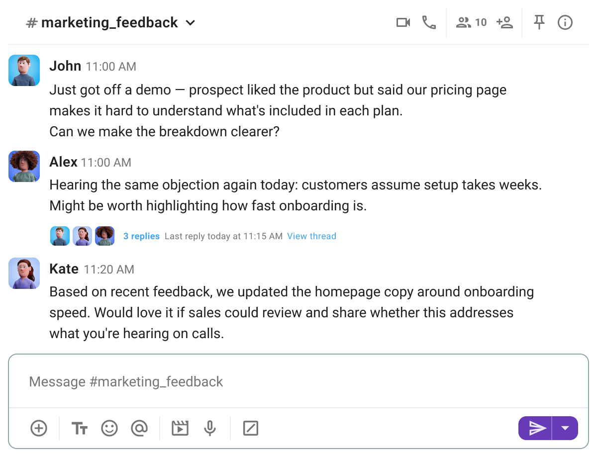 Use channels and threads to share feedback from sales calls