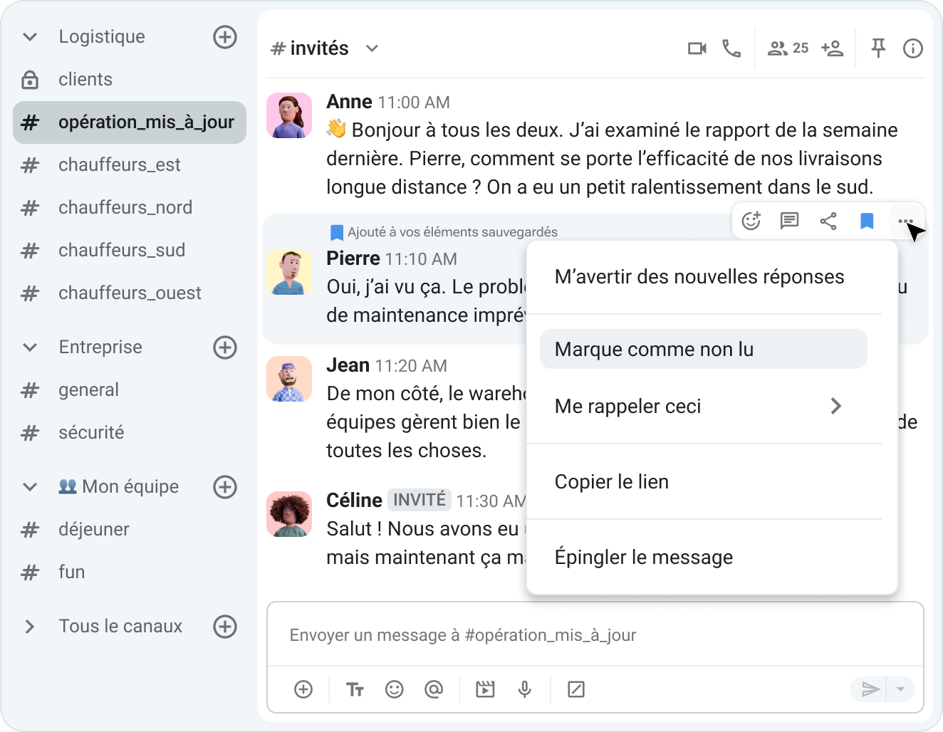 Épinglez ou enregistrez facilement un message en sélectionnant l'option correspondante dans le menu déroulant situé dans le coin supérieur droit