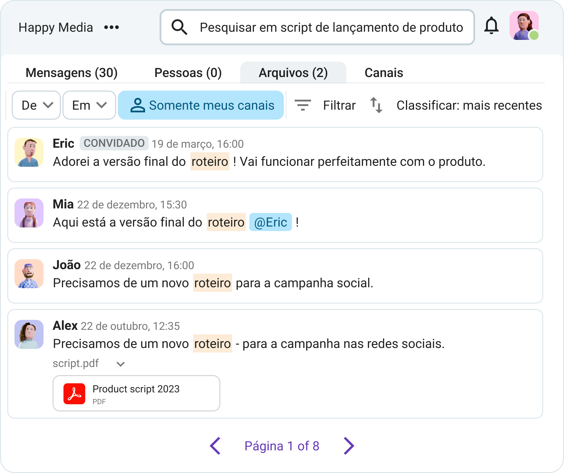 Pesquise mensagens e arquivos no Pumble.