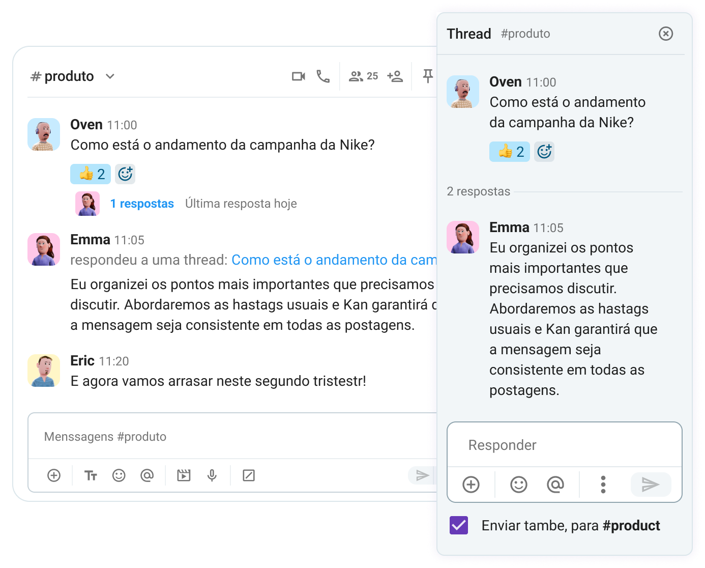 Send messages to threads or increase visibility by using the “also send to channel” feature