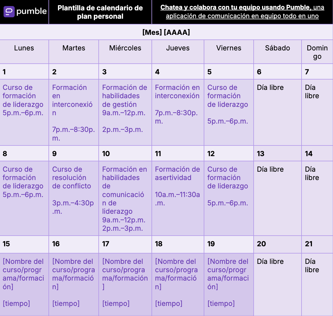 Plantilla de calendario de plan personal en Google Sheets