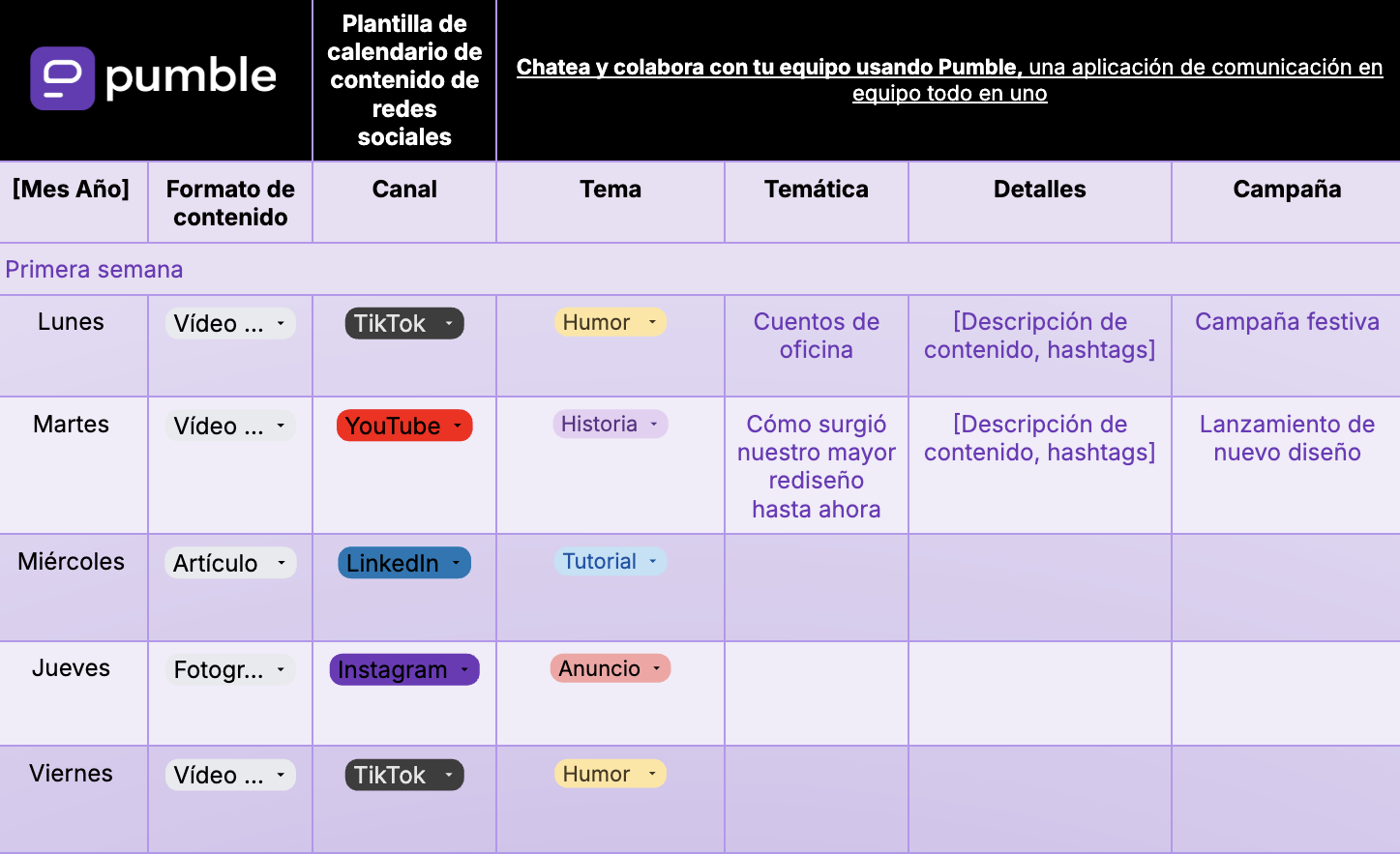 Plantilla de calendario de contenido de redes sociales en Google Sheets