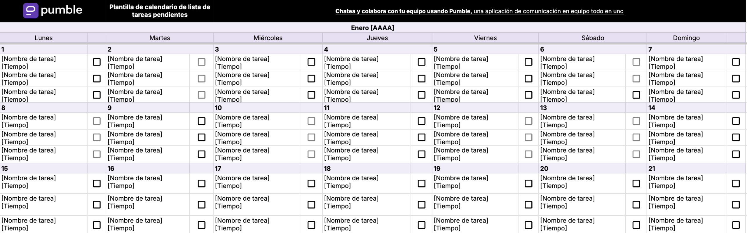 Plantilla de calendario de lista de tareas pendientes en Google Sheets