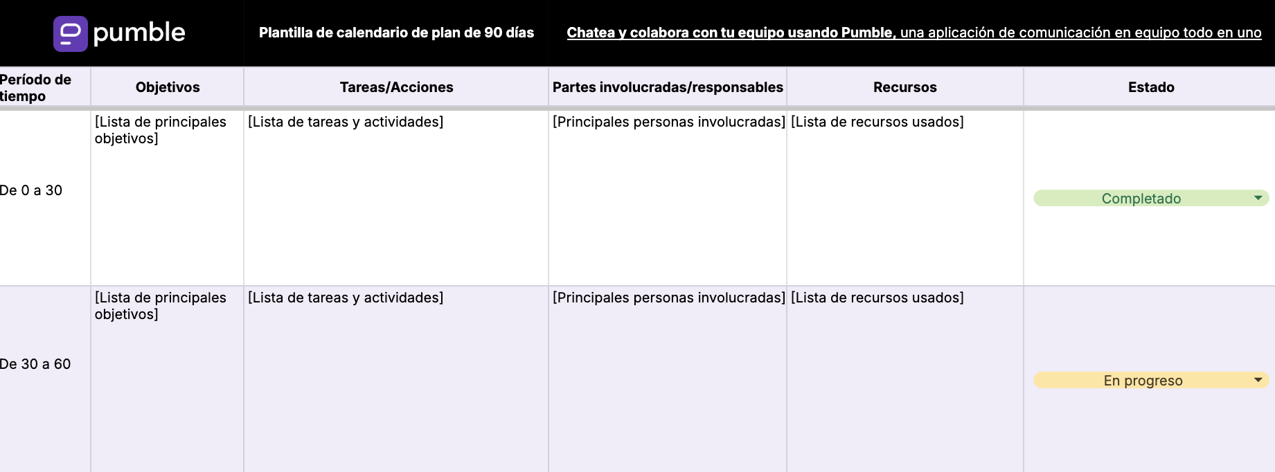 Plantilla de calendario de plan de 90 días en Google Sheets