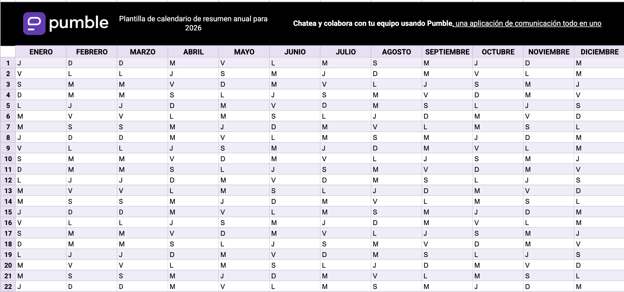 Plantilla de calendario de resumen anual en Google Sheets