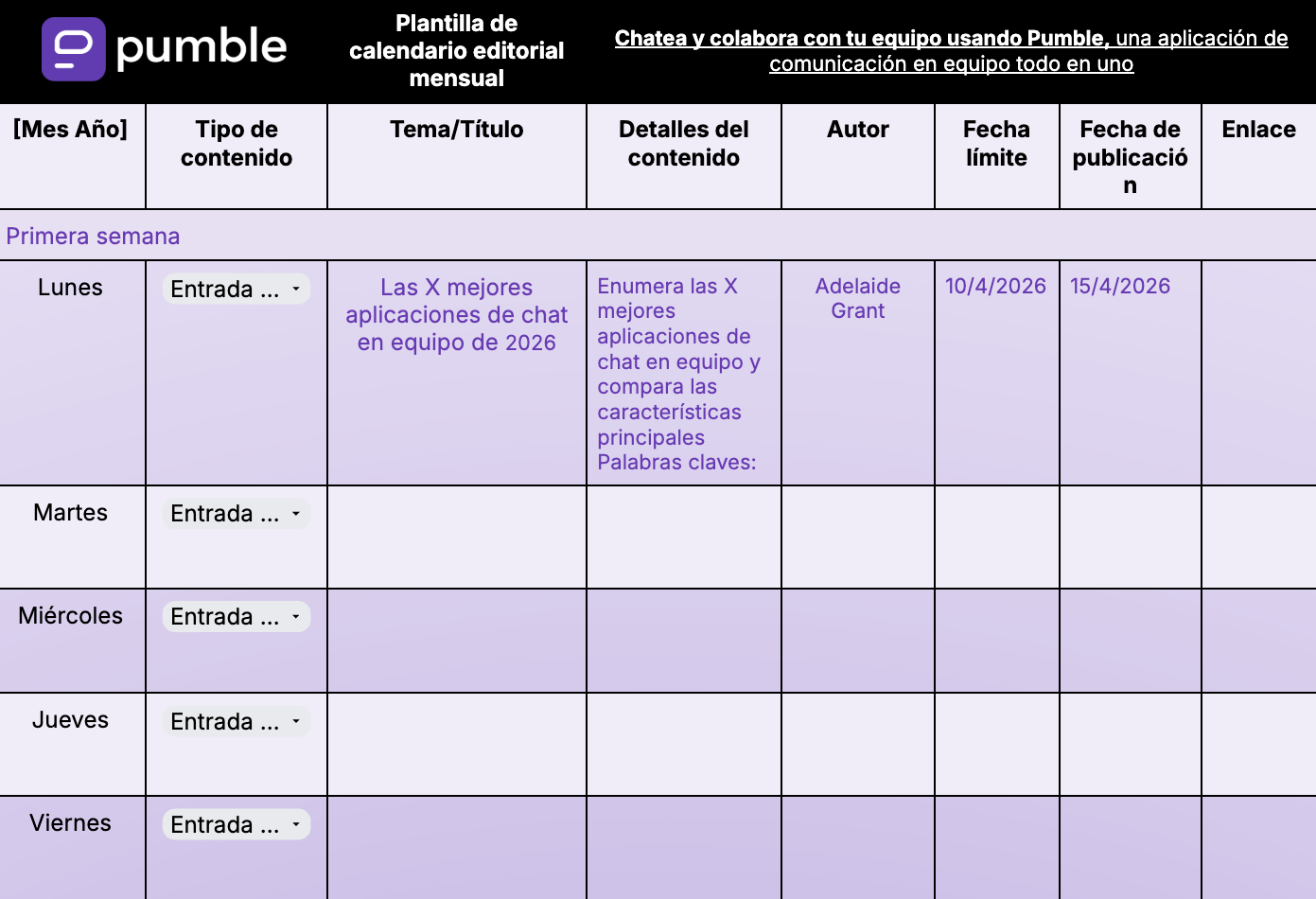 Plantilla de calendario editorial mensual en Google Sheets