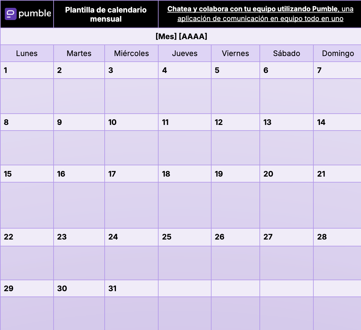 Plantilla de calendario mensual en Google Sheets