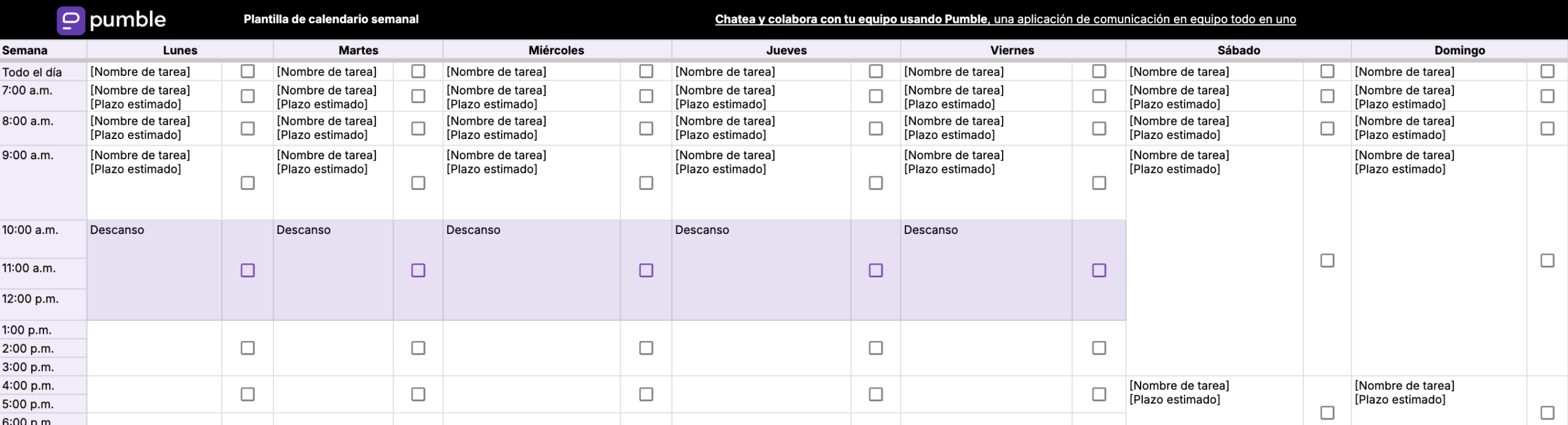 Plantilla de calendario semanal en Google Sheets