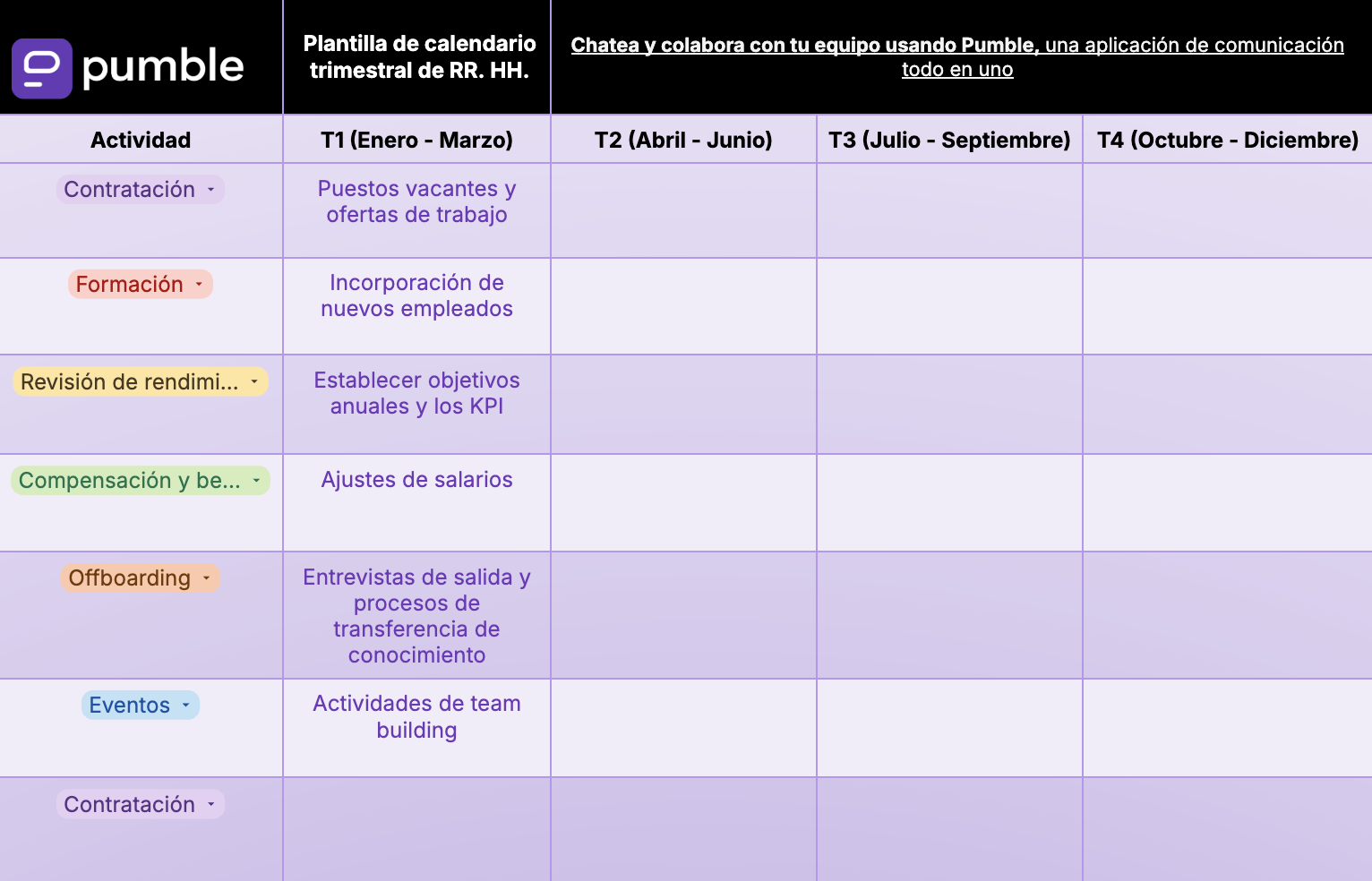 Plantilla de calendario trimestral de RR. HH. en Google Docs