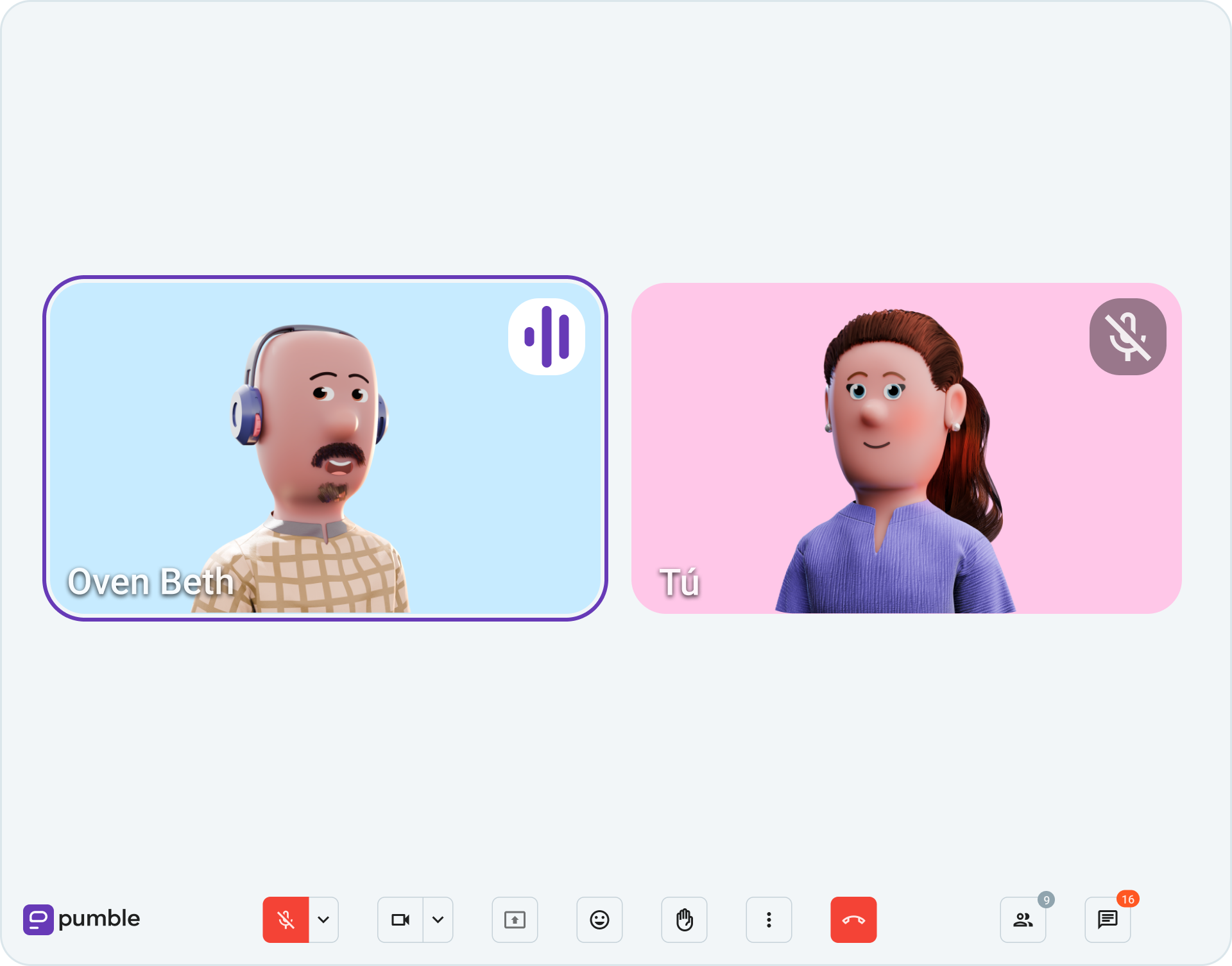 Oven practica la escucha activa en una videollamada en Pumble, una app de comunicación en equipo