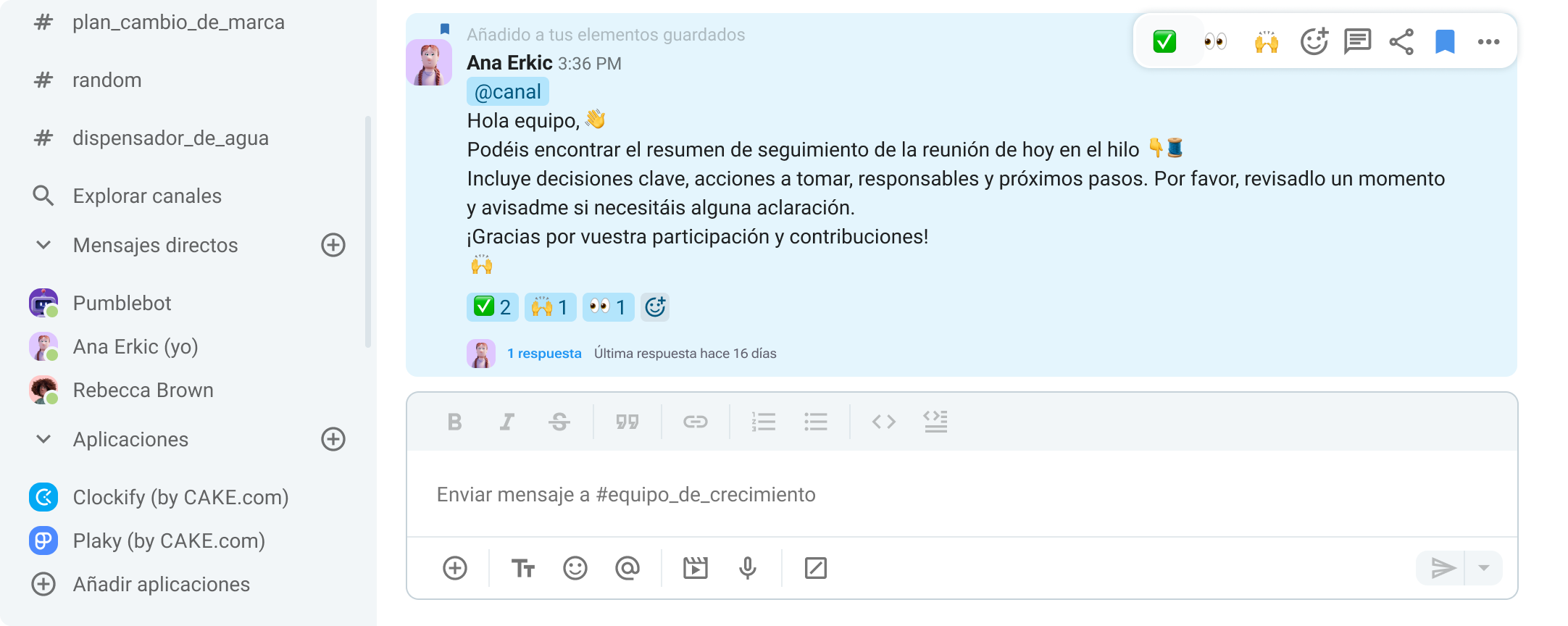 Guarda un mensaje en Pumble para mantener un registro personal de elementos clave