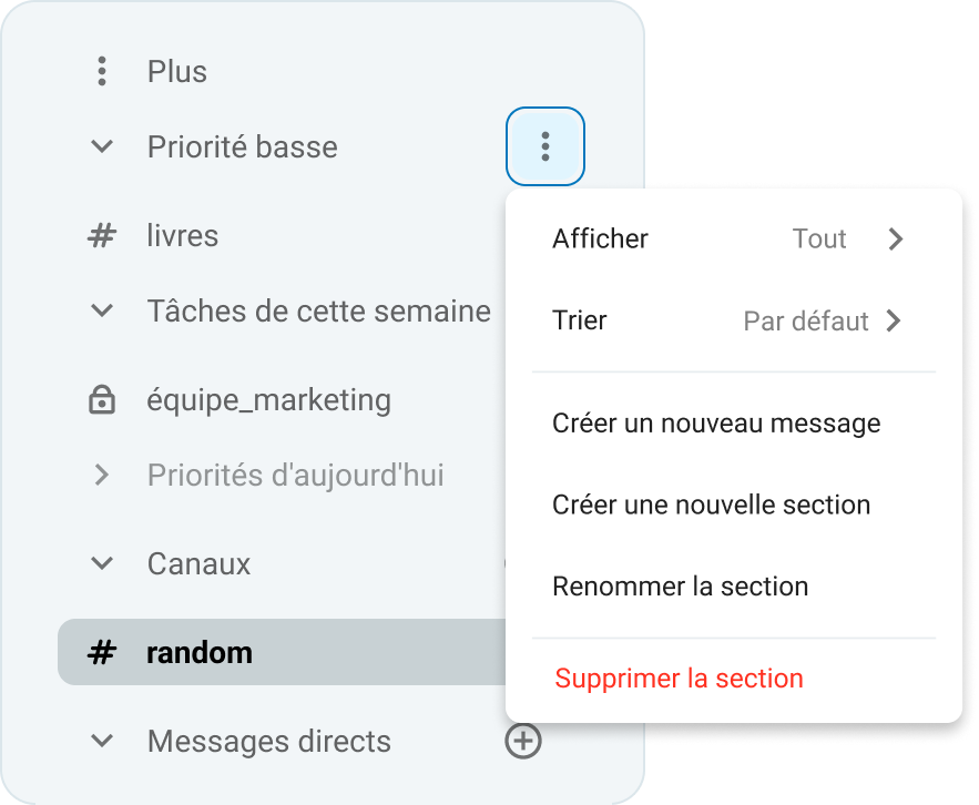 Organisation de la barre latérale dans Pumble 
