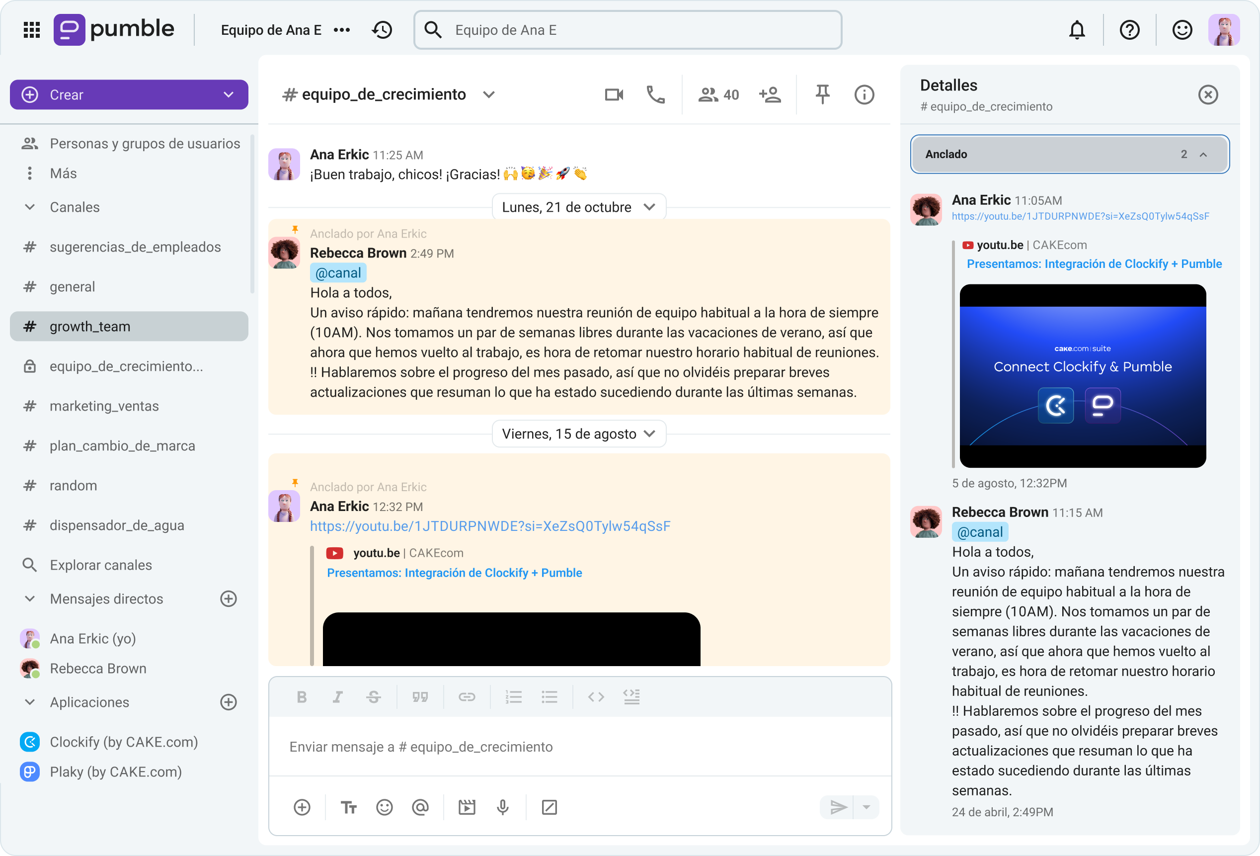 Anclado de mensajes en un canal de Pumble  