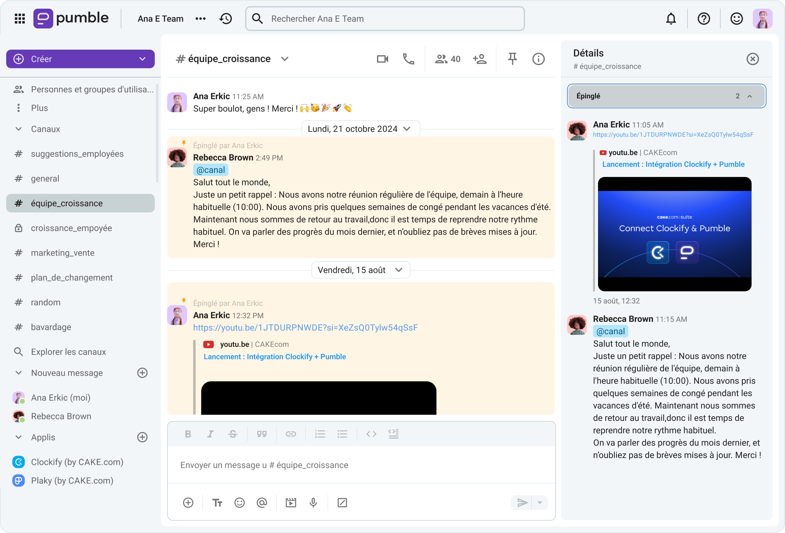 Épingler des messages dans un canal Pumble  