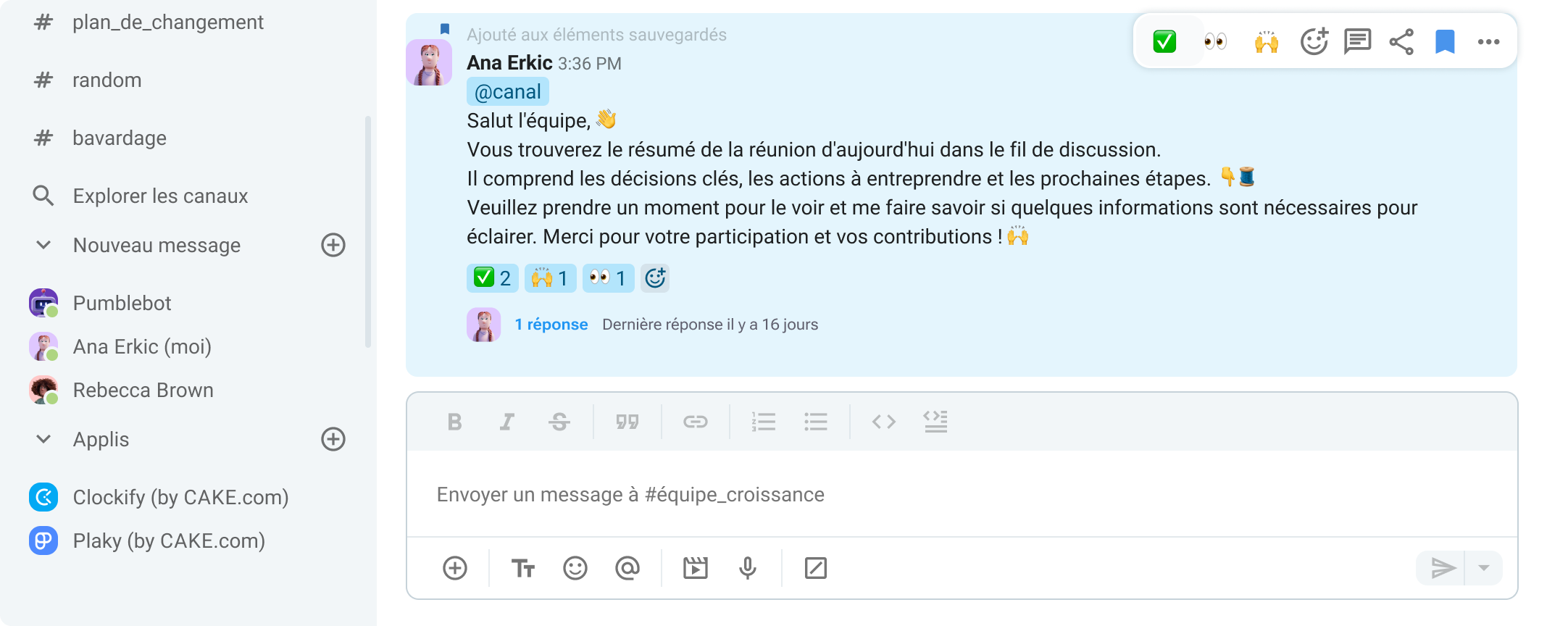 Sauvegarder un message dans Pumble pour conserver une trace personnelle des éléments importants