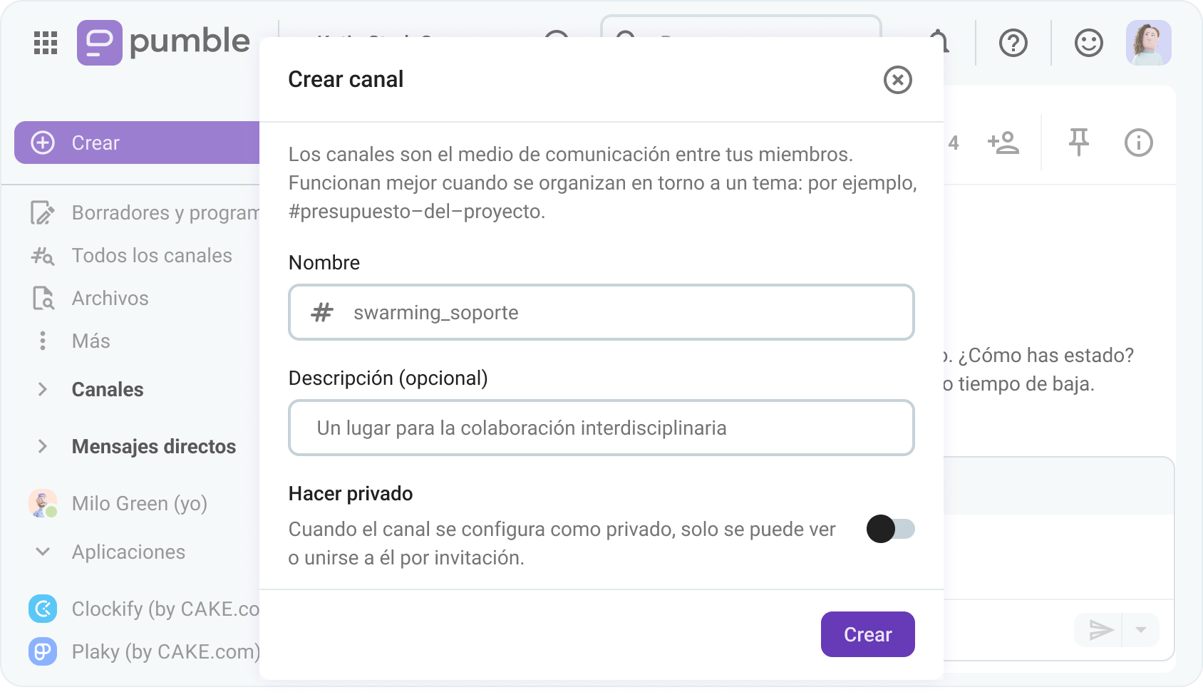 Creación de un canal #swarming_soporte en Pumble, una app de comunicación en equipo