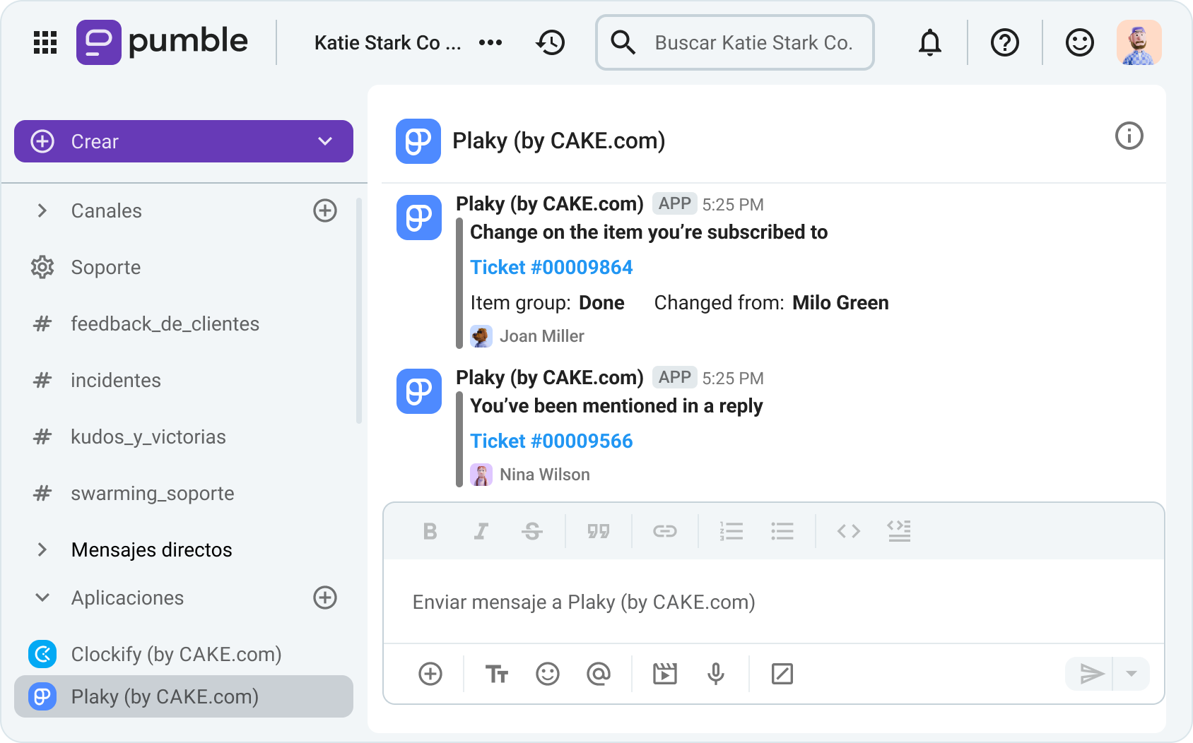 Uso de la integración de Plaky en Pumble para la colaboración en atención al cliente