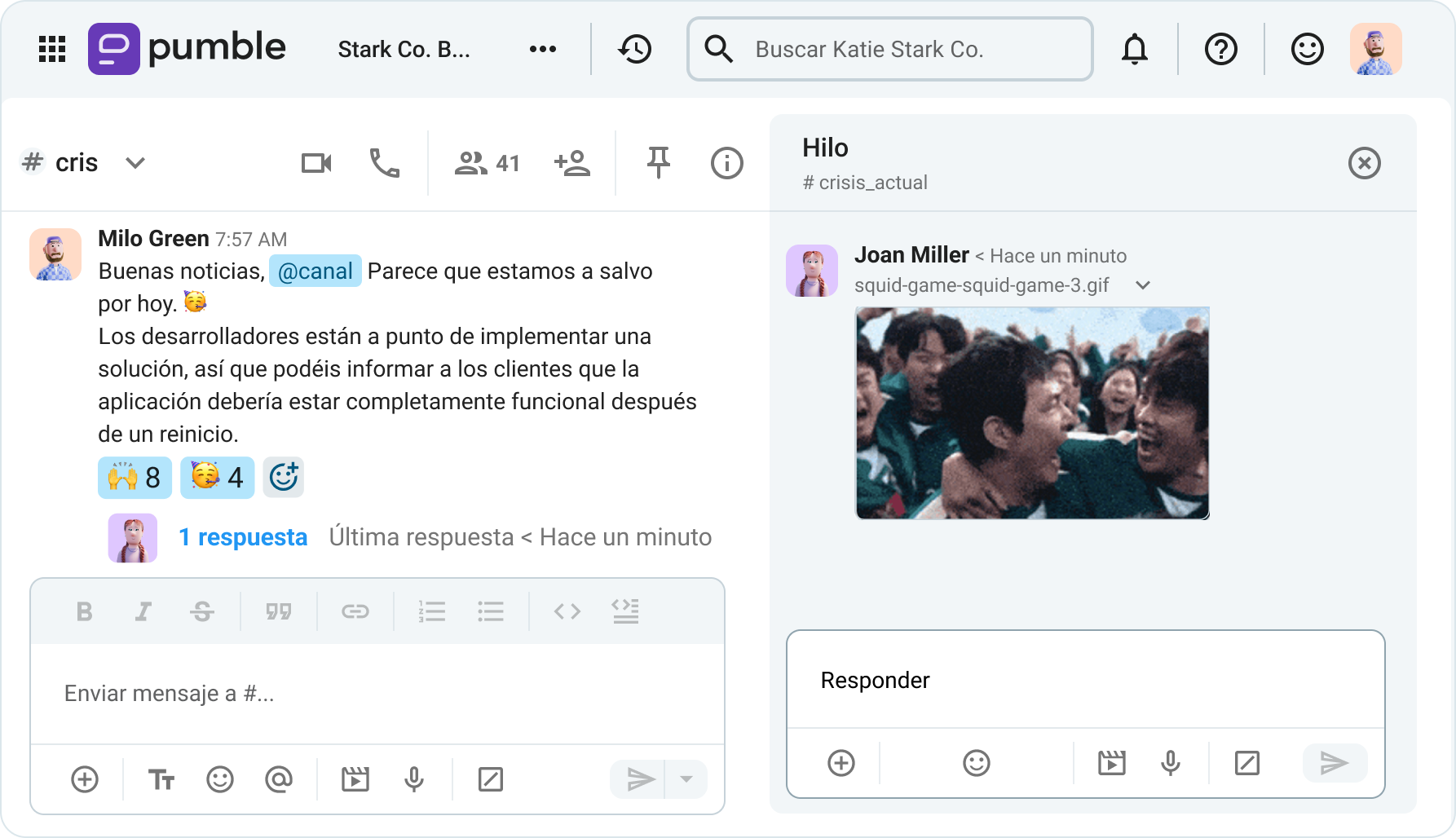 Todos los usuarios del canal #crisis_actual en Pumble reciben una notificación de la resolución del último incidente