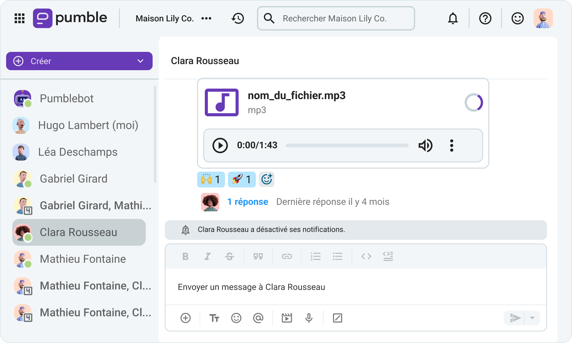 Il y a deux indicateurs signalent qu'une personne a suspendu ses notifications dans Pumble