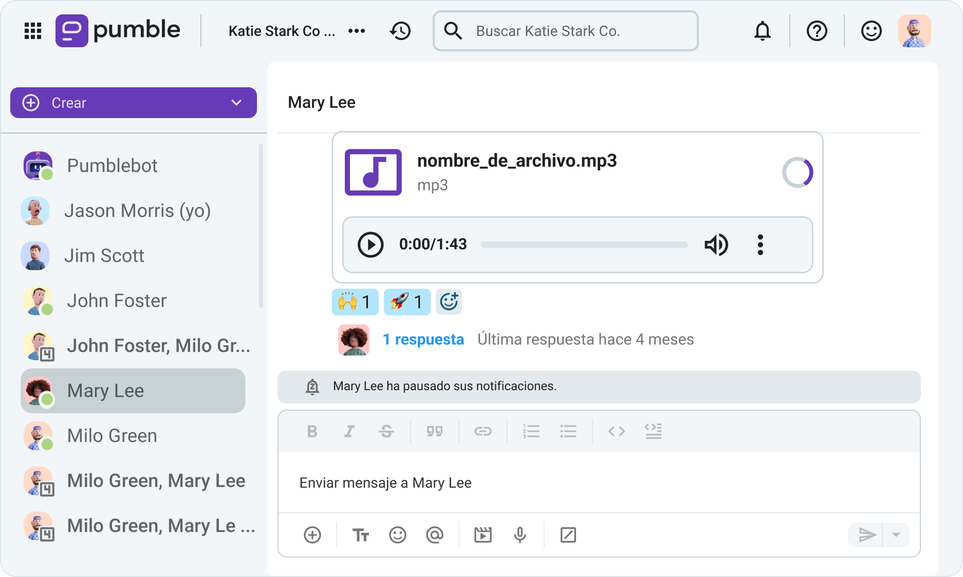 Dos indicadores de que alguien ha pausado sus notificaciones en Pumble