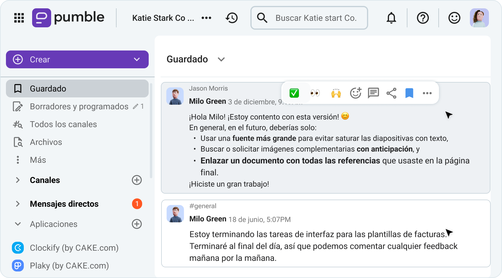 Mensajes guardados en Pumble, una app de comunicación en equipo