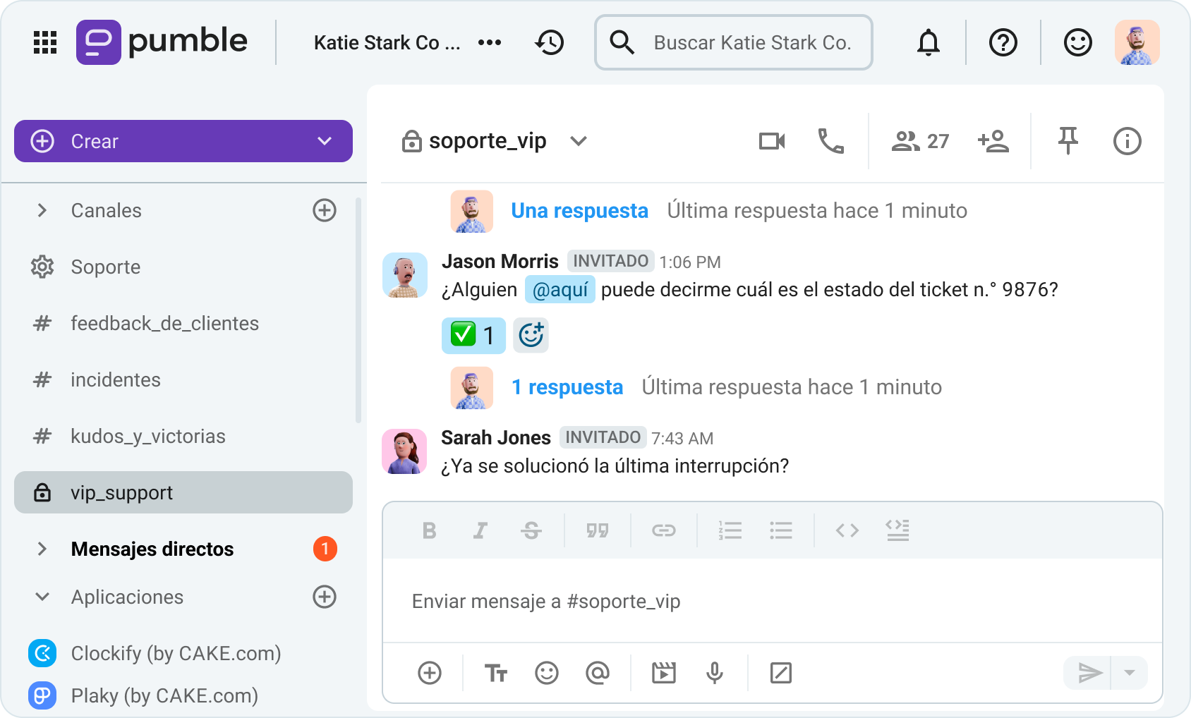 El canal #soporte_vip para invitados monocanal en Pumble, una app de mensajería empresarial