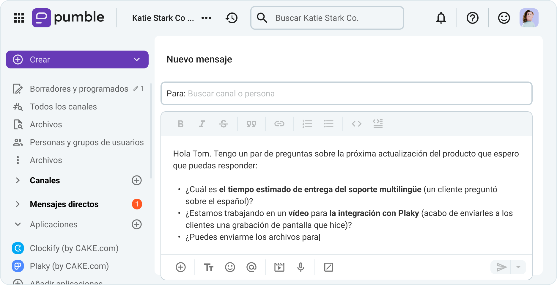 Escribe un borrador en Pumble, una app de comunicación en equipo