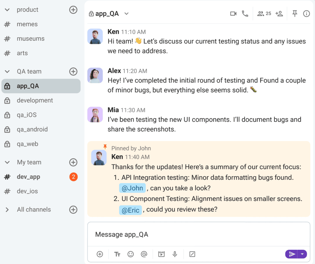 Pin messages in private or public channels