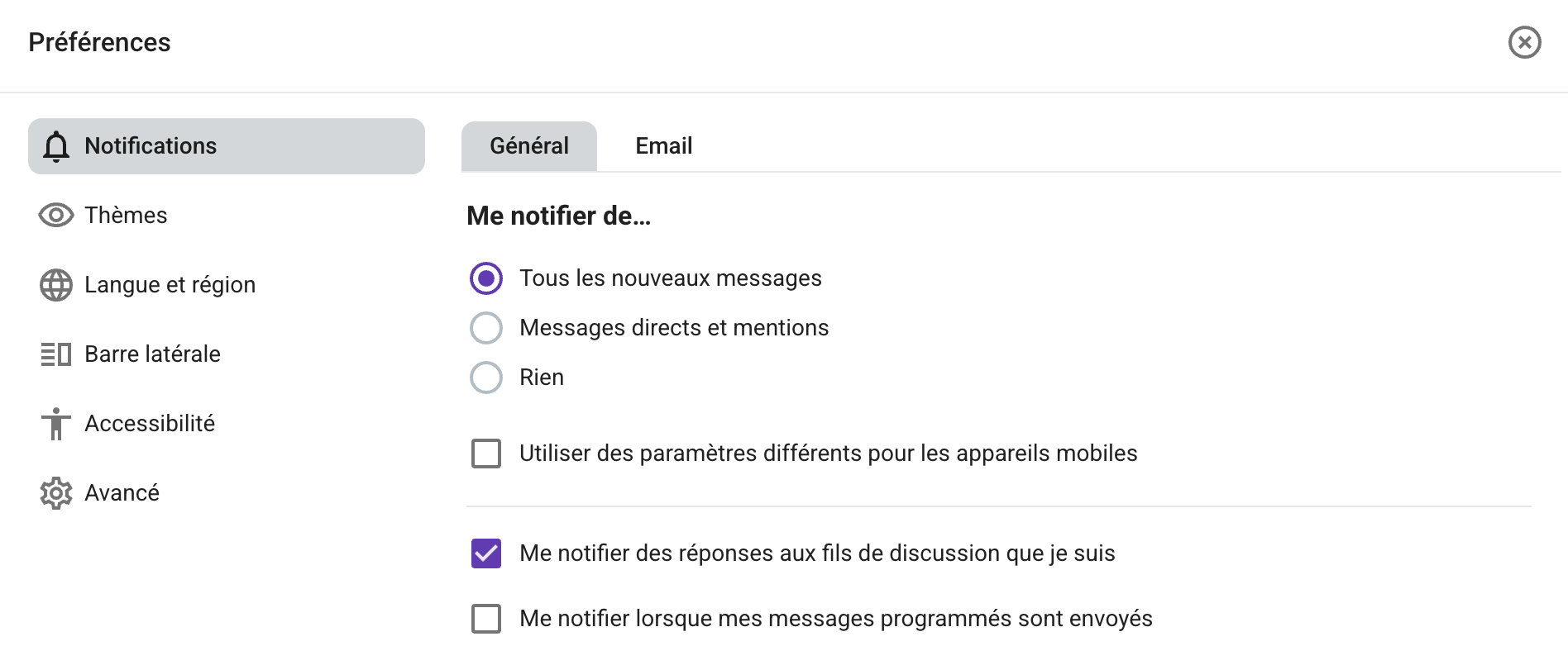 Paramètres généraux dans Pumble