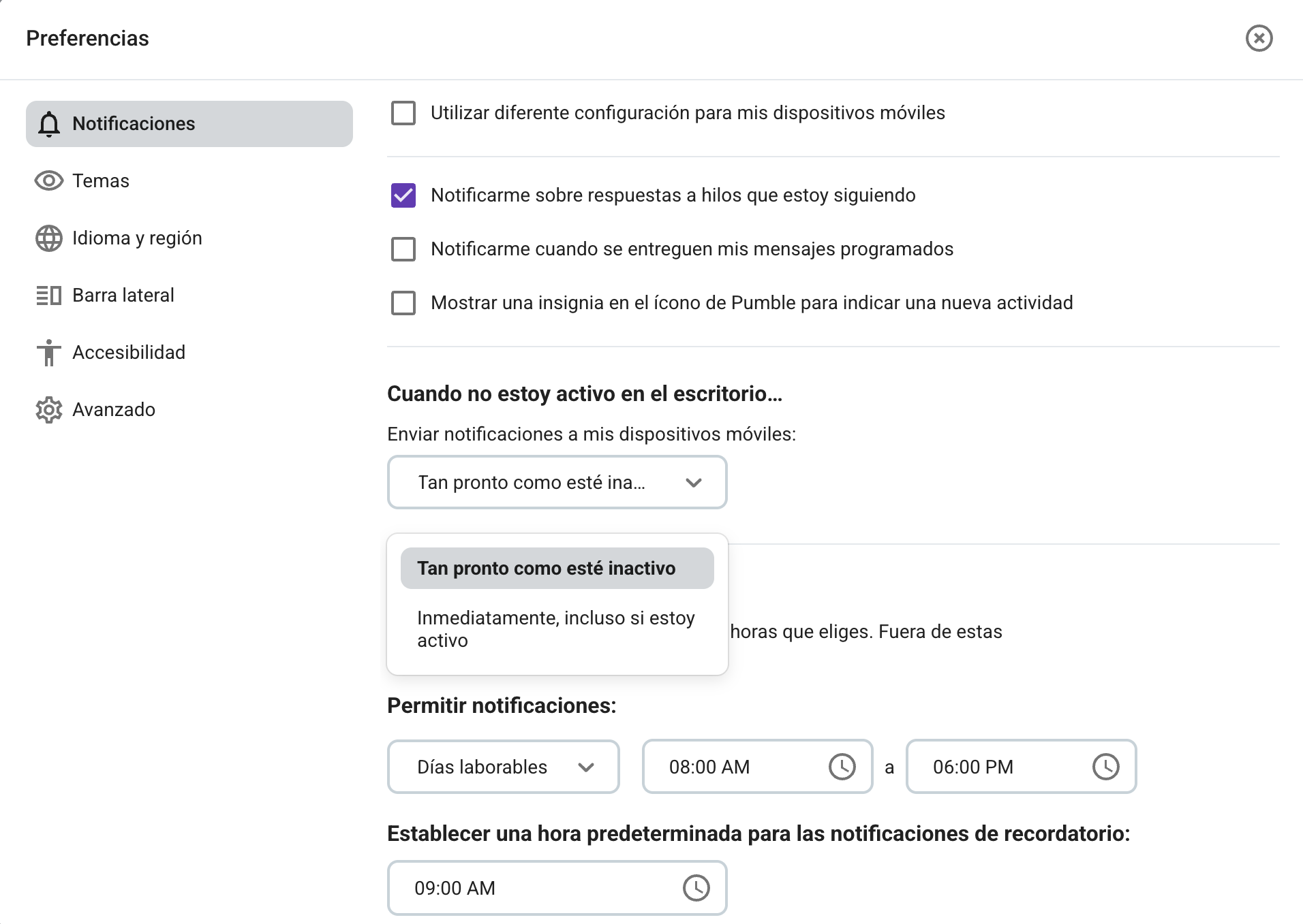 Configuración de notificaciones de Pumble para dispositivos móviles